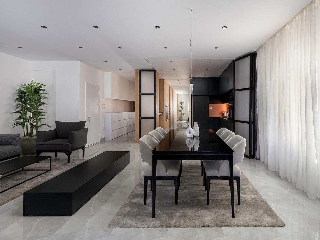 Sleek, minimalist design with clean lines, contrasting materials, and strategic lighting.