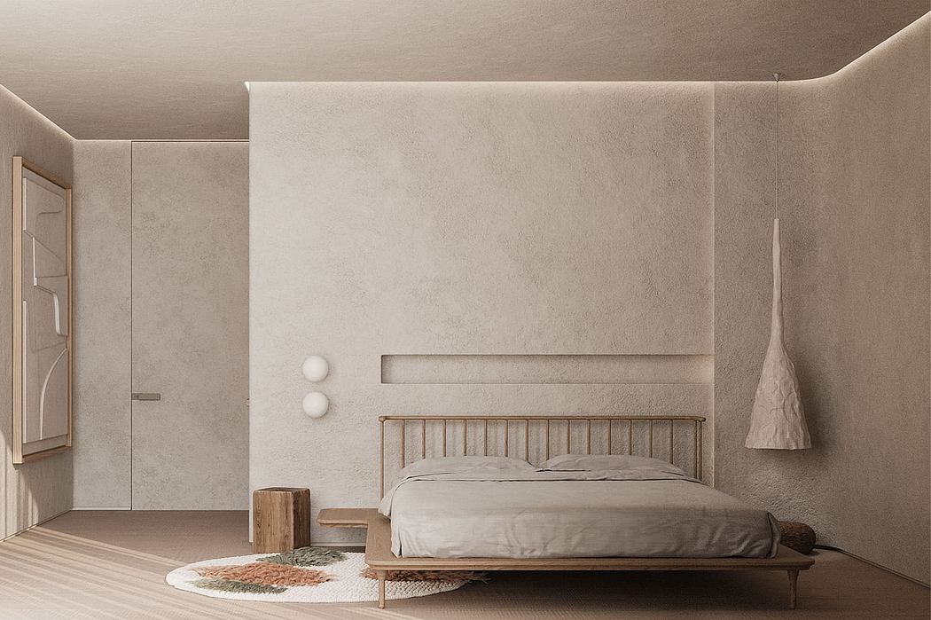 A minimalist, earthy-toned bedroom with a wooden bed frame and a serene, textured wall.