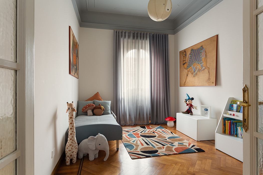 A cozy, contemporary bedroom with vibrant artwork, textured decor, and natural light.