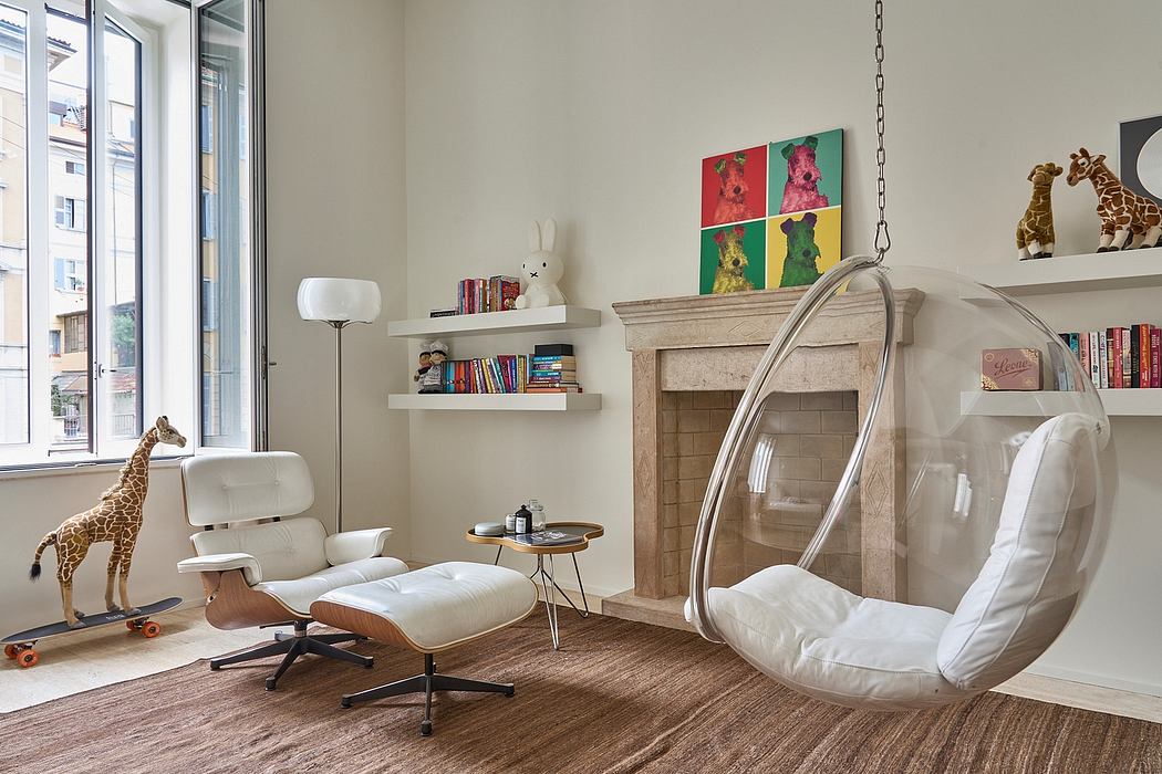 Cozy, modern space with plush chair, hanging bubble chair, and eclectic decor details.