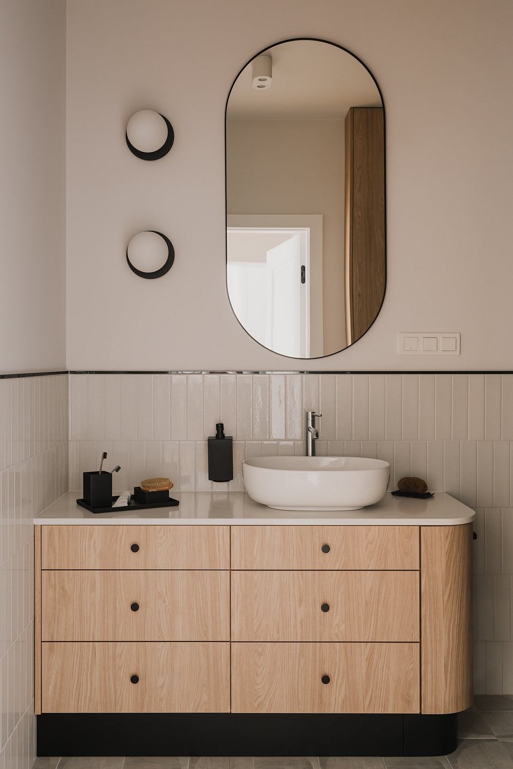 Minimalist bathroom features oval mirror, wooden vanity, and white vessel sink.
