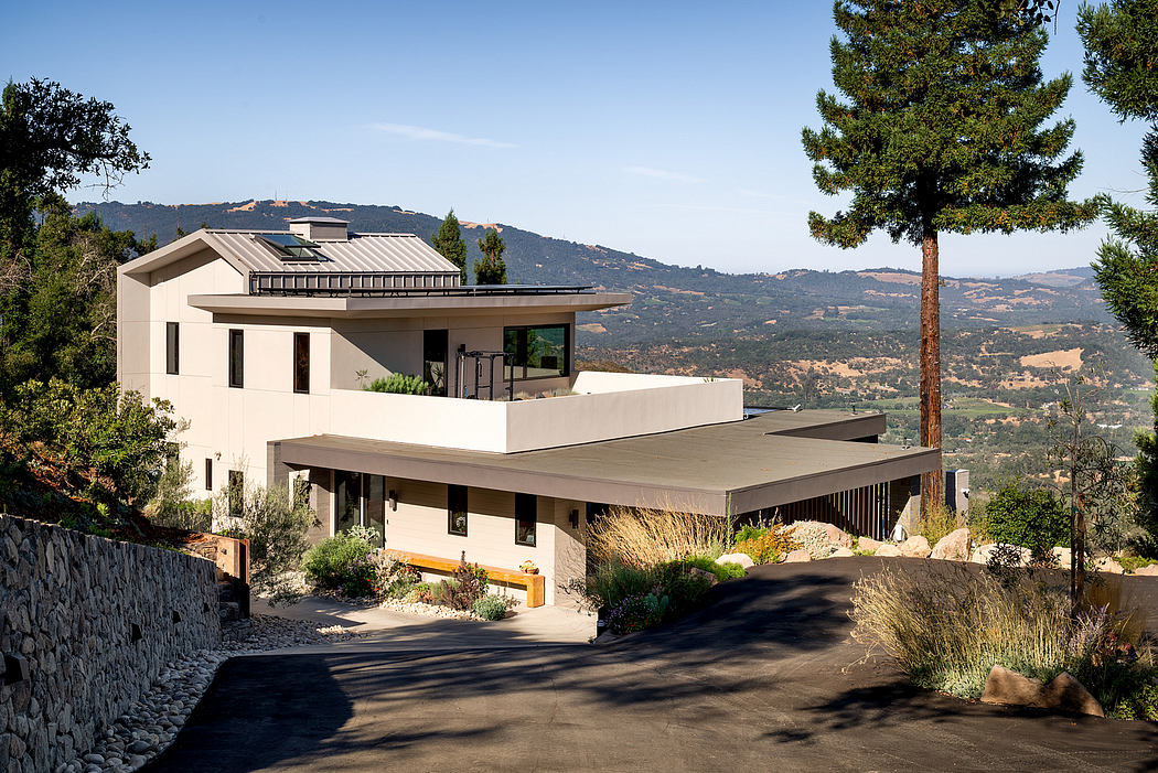 Stunning contemporary home with clean lines, solar panels, and beautiful landscaping.