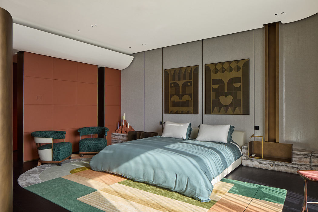 A modern, stylish bedroom with geometric artwork, textured walls, and a minimal aesthetic.