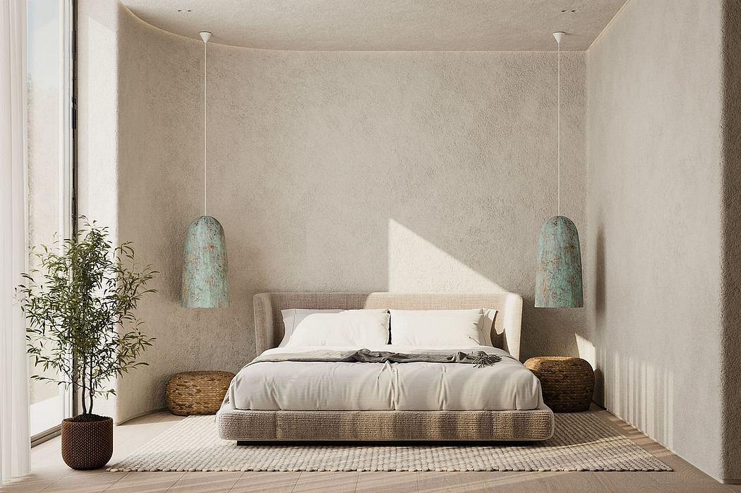 Serene minimalist bedroom with textured walls, elevated platform bed, and decorative lamps.