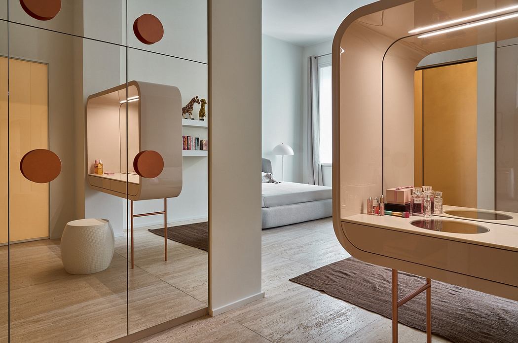 Sleek, modern interior with geometric mirrors, shelves, and curved furniture.