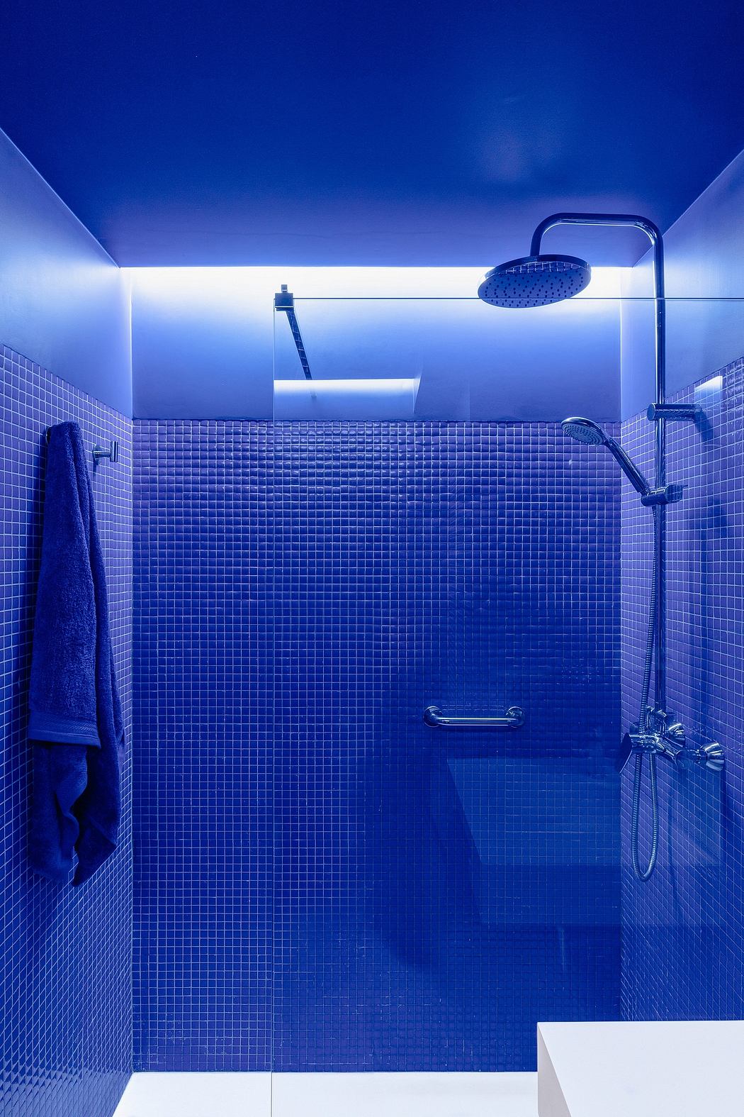 Minimalist blue-tiled bathroom with contemporary showerhead and towel hook.