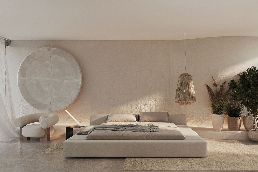Minimalist bedroom design with round concrete wall art, pendant light, and natural accents.