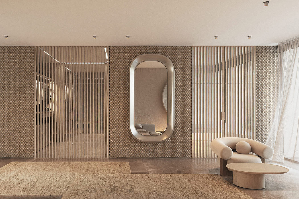 Minimalist interior design with curved mirror, wood furniture, and textured wall panels.