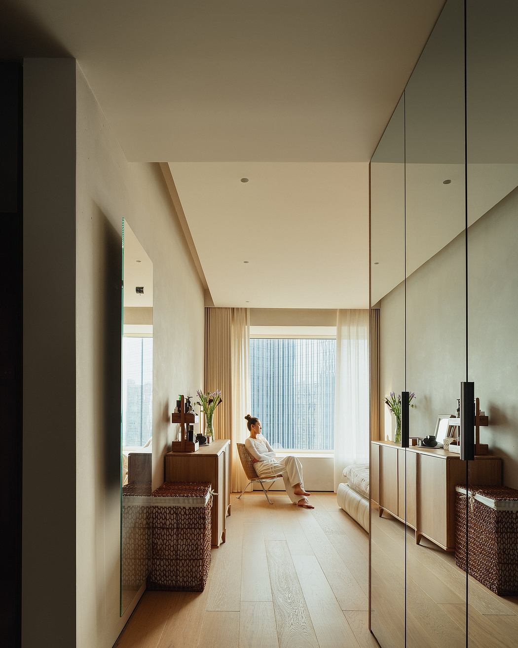 Serene modern interiors with clean lines, natural textures, and a contemplative mood.