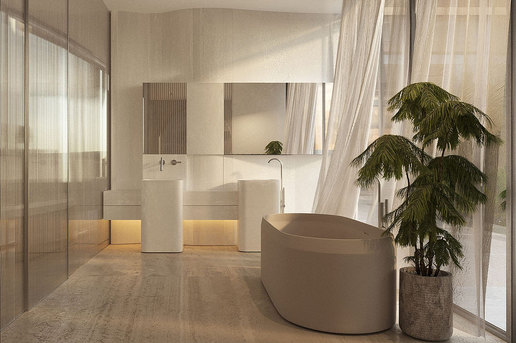 A modern, minimalist bathroom with a freestanding tub, dual vanities, and lush potted palms.