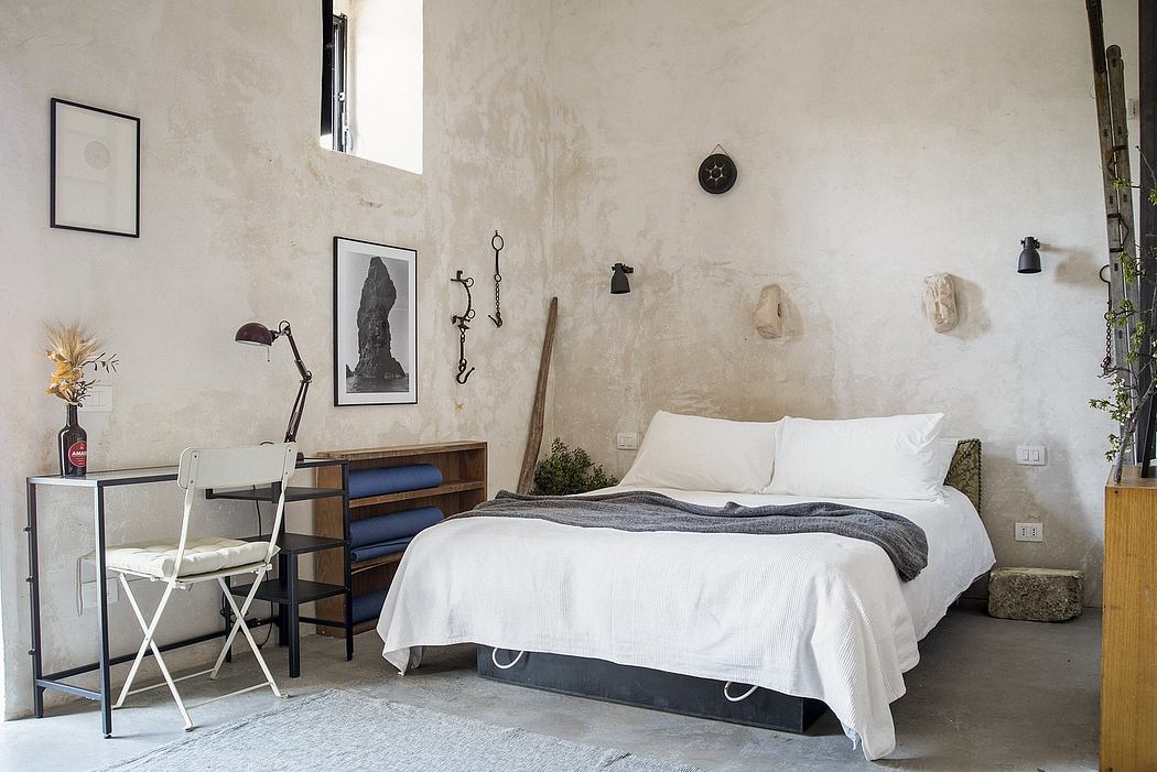 Minimalist, industrial-style bedroom with concrete walls, wooden furniture, and nature-inspired decor.