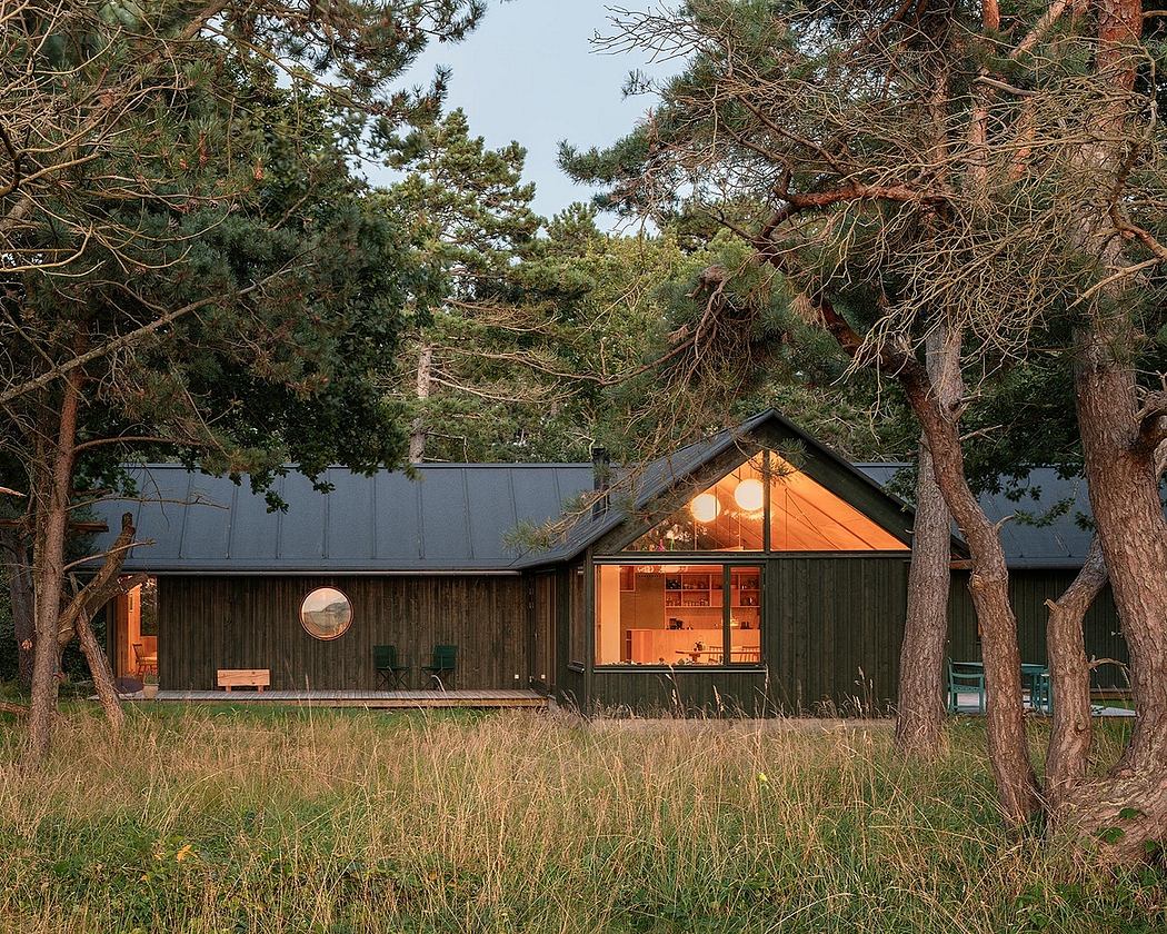 Rustic cabin nestled in pine-clad forest, modern design with large windows and porch.