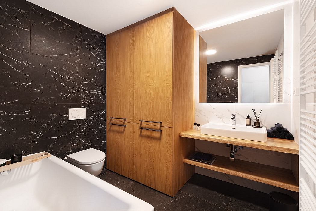 Sleek modern bathroom with black marble walls, wooden cabinetry, and minimalist vanity.