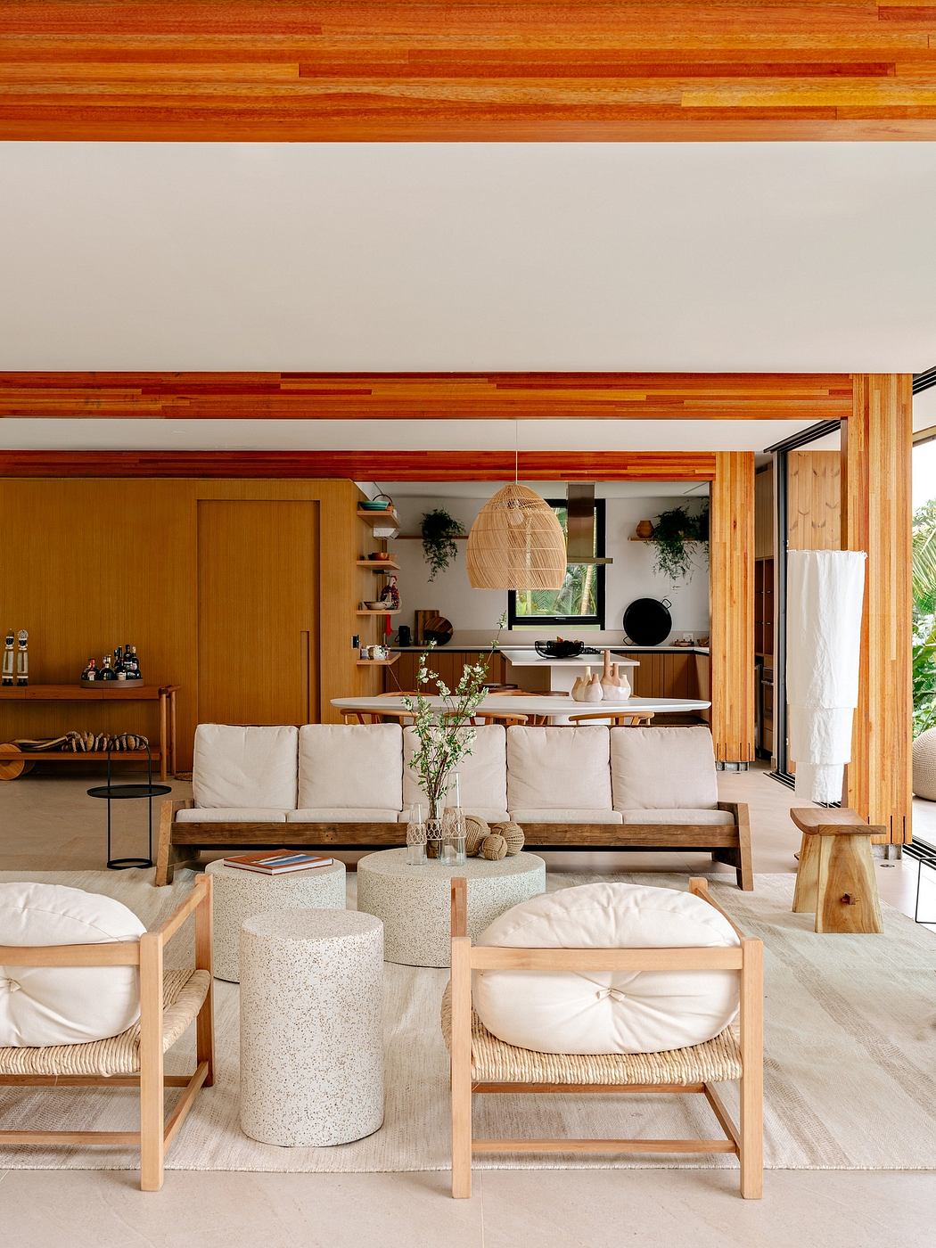 Rustic-style living room with warm wood paneling, modern furniture, and cozy ambiance.