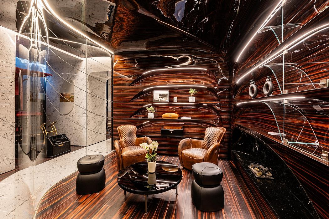 Striking wood-paneled interior with modern furniture and geometric lighting patterns.