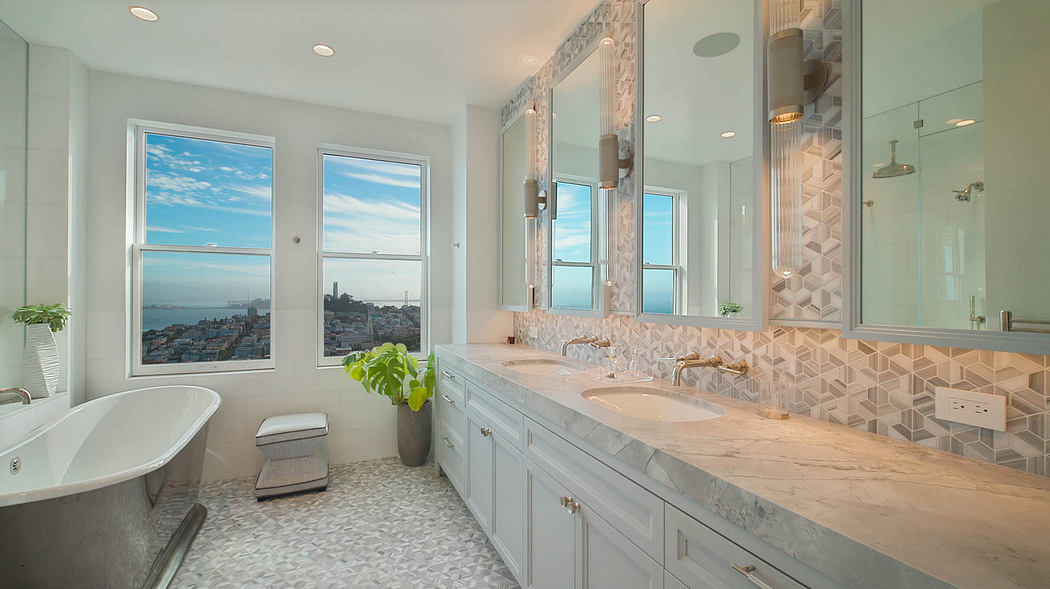 Luxurious bathroom with panoramic city views, marble vanity, and geometric tile accents.