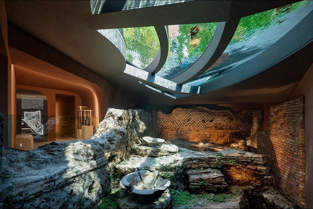 Striking interior design with curved glass walls, water features, and natural rock formations.