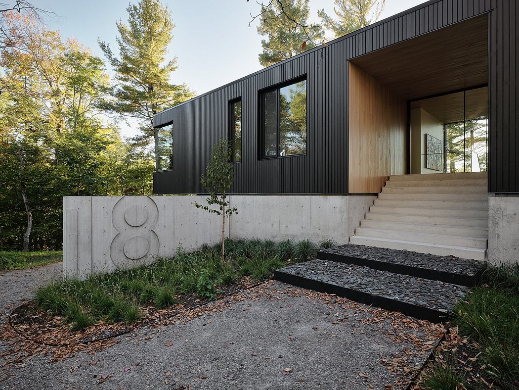 Sleek modern home with bold black siding, expansive windows, and concrete foundation.