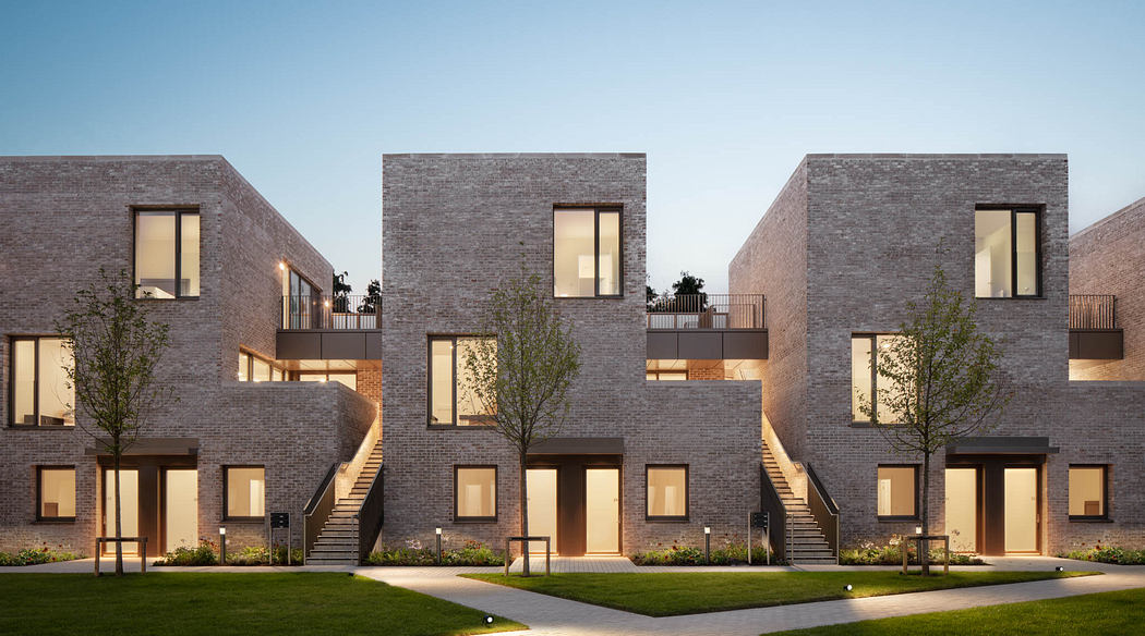 A modern residential complex with sleek brick facades, balconies, and well-lit interiors.
