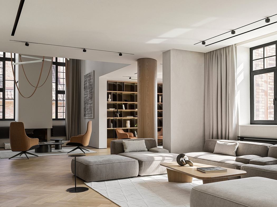 Spacious modern living room with hardwood flooring, built-in shelving, and neutral-toned furniture.