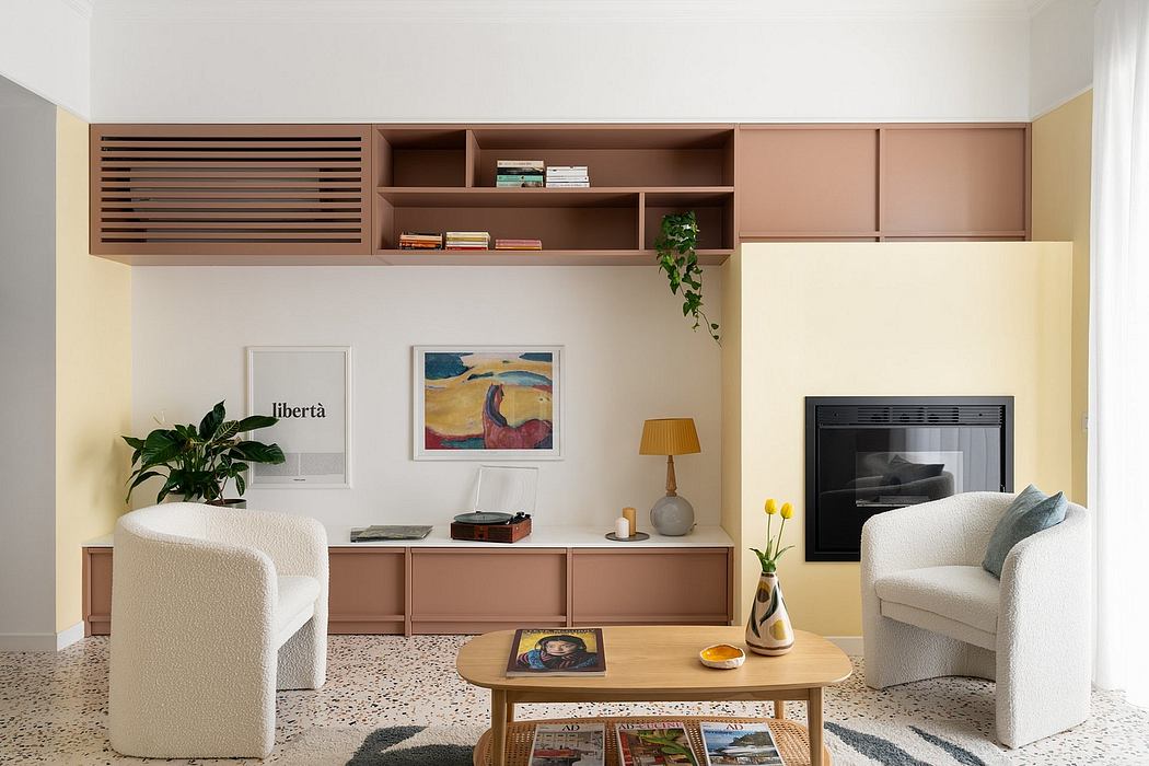 Chic, minimalist living room with warm wood tones, ample storage, and modern furnishings.