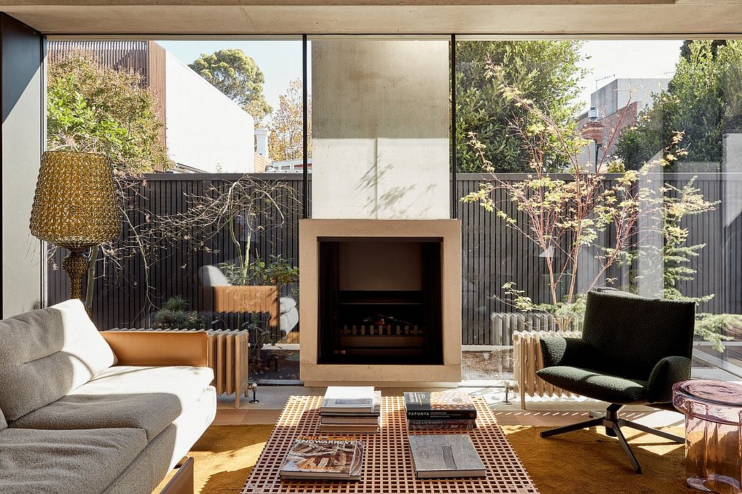 A cozy living room with a fireplace, lush plants, and midcentury modern furniture.