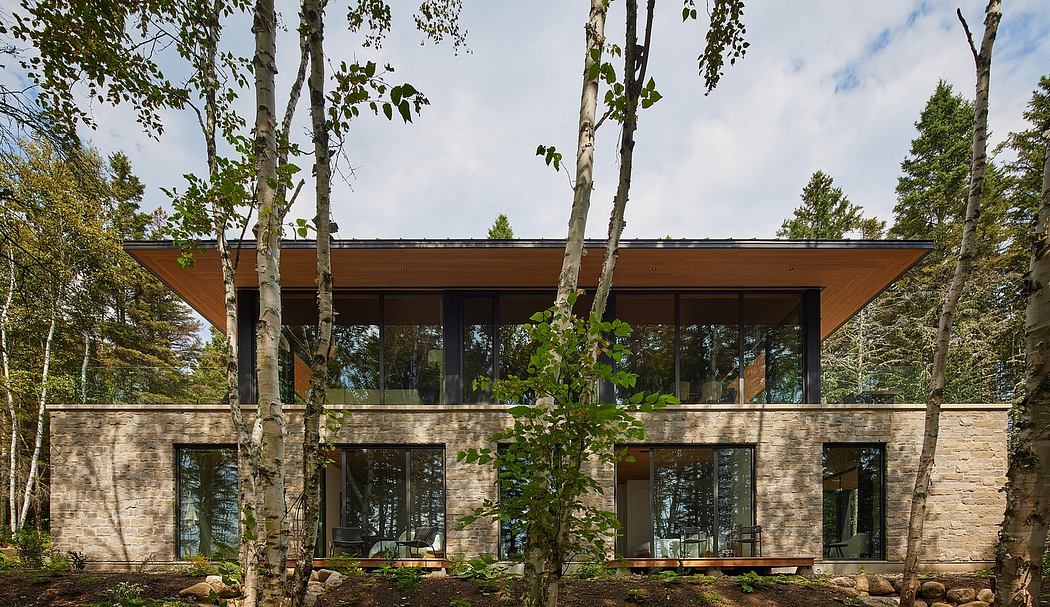 A modern, wood-and-glass cabin nestled among birch trees, with expansive windows providing scenic views.