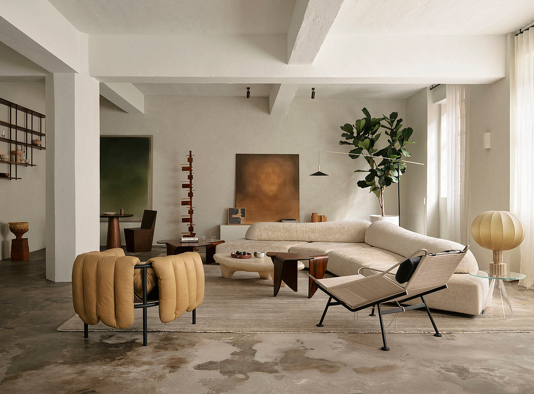 Cozy yet modern living room with sleek furniture, warm tones, and natural accents.