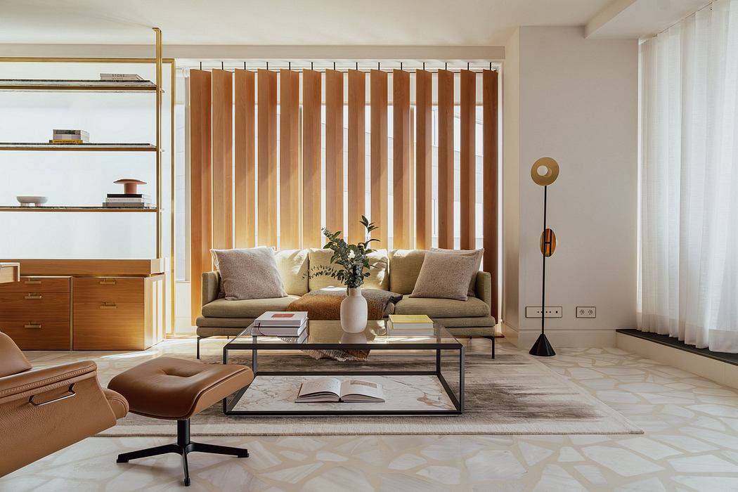 A modern and minimalistic living room featuring clean lines, warm wood tones, and natural textures.