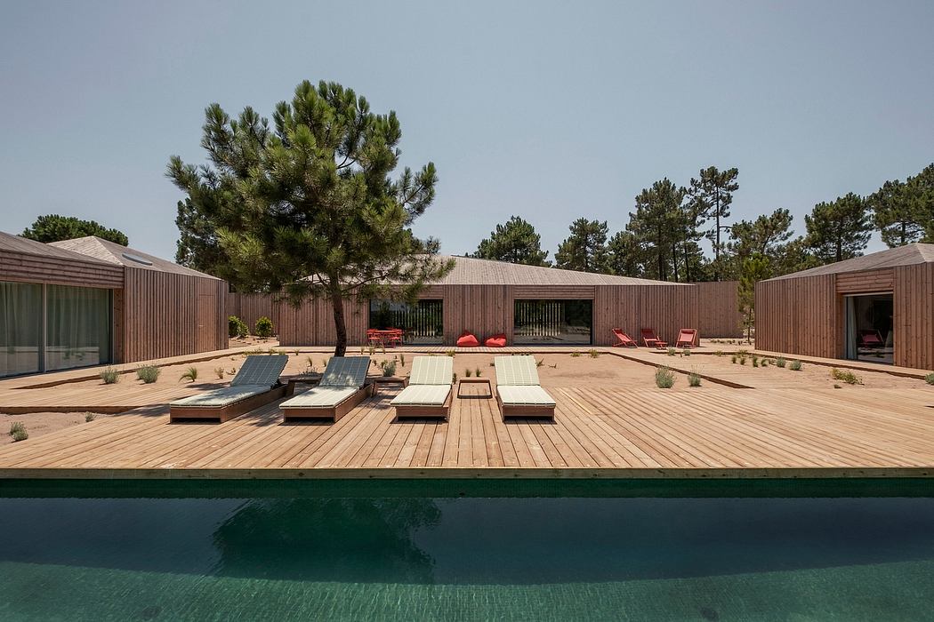 An expansive wooden deck with loungers overlooking a swimming pool, surrounded by pine trees.