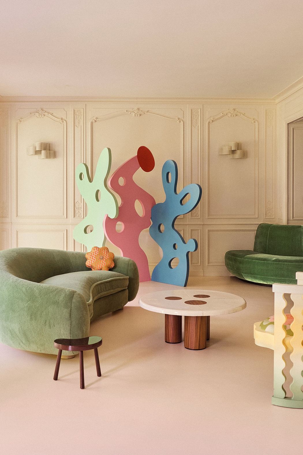 Warm, plush furniture and whimsical, colorful sculptures in a refined, decorated space.