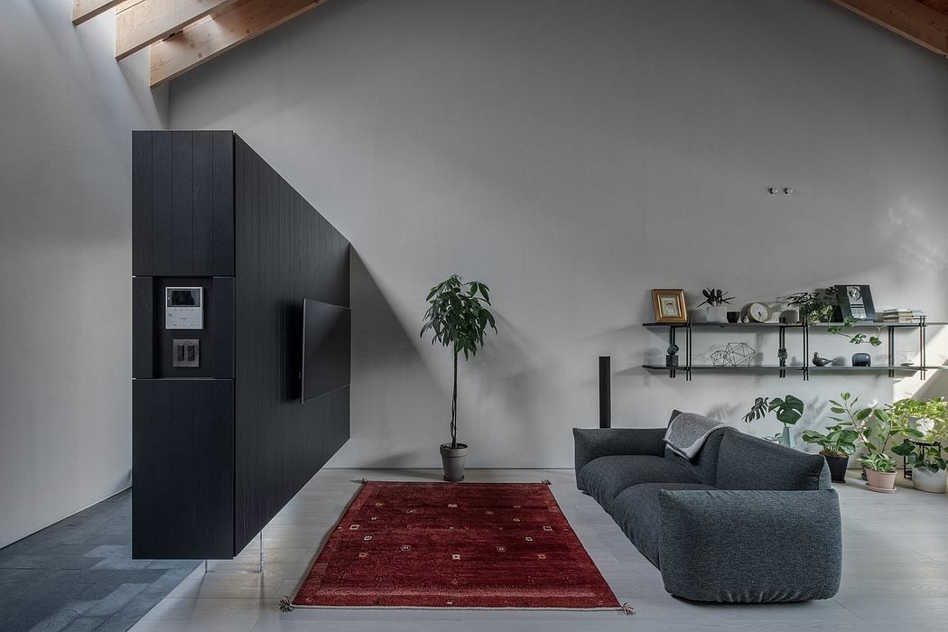 Minimalist living room with black cabinets, plant decor, and large red rug.