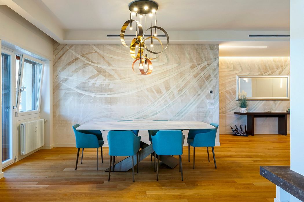 Sleek, modern dining room with abstract wall mural, pendant lighting, and wooden floor.