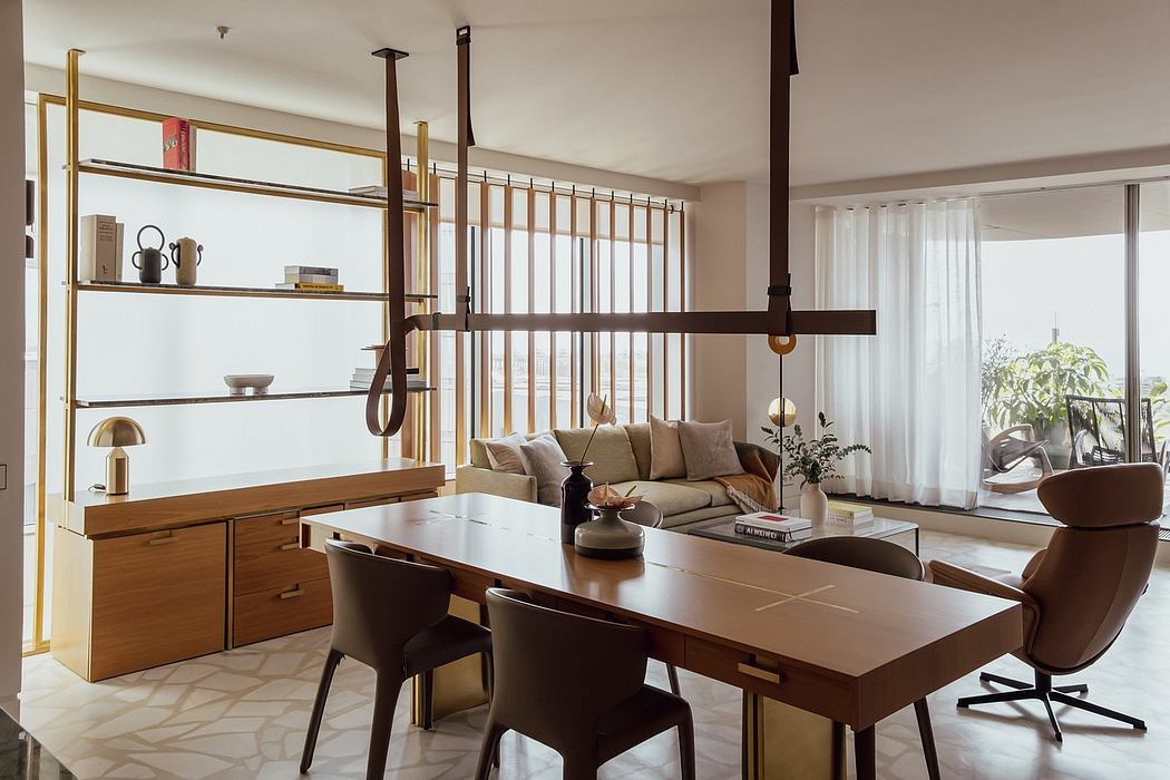 Sophisticated living area with elegant wood furnishings, modern lighting, and clean lines.