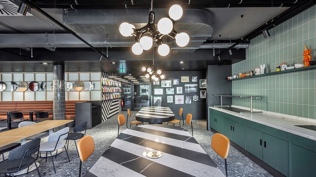 Vibrant modern interior with sleek fixtures, graphic floor tiles, and geometric shelving.