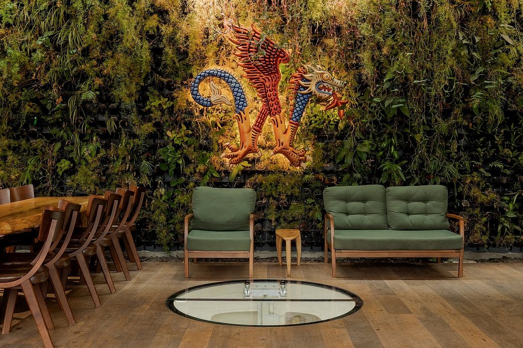 Vibrant dragon sculpture on mossy wall, wooden furniture, and circular glass table in modern interior.