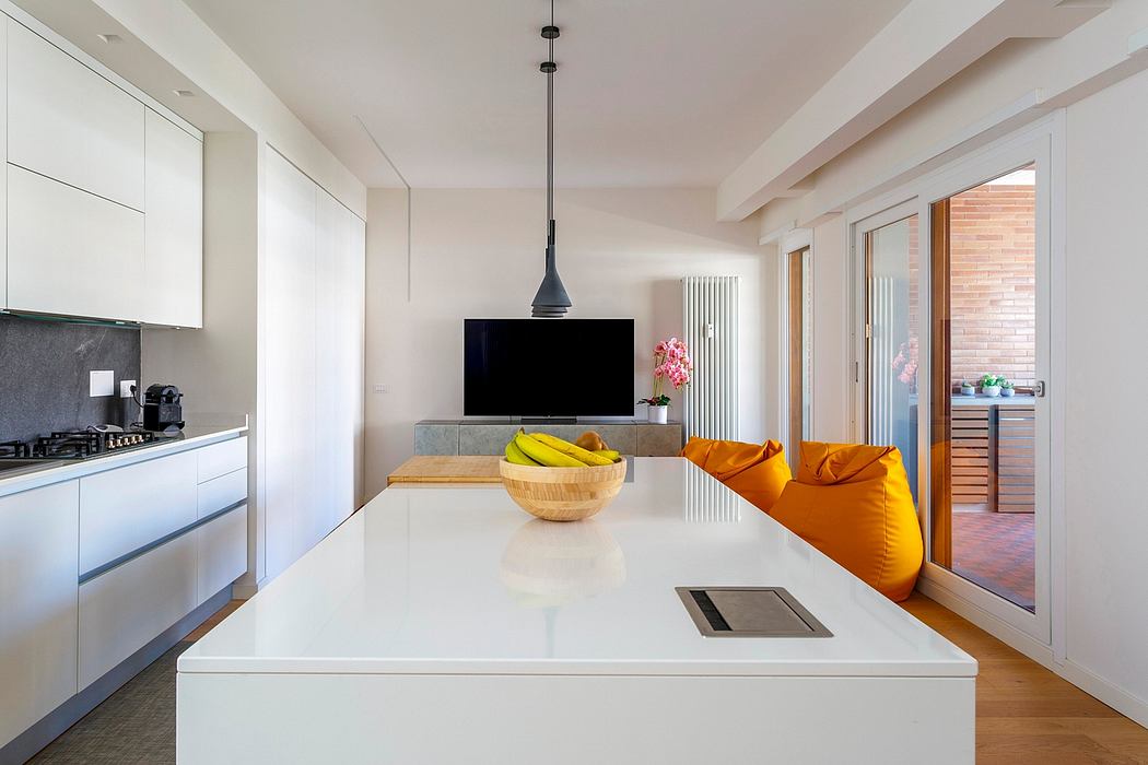 Modern, bright kitchen with white cabinets, yellow accents, and a sleek, minimalist design.