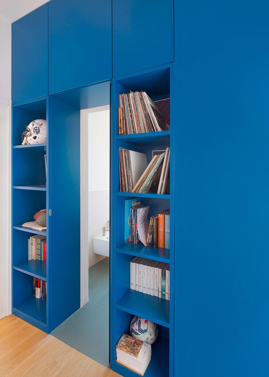Built-in blue cabinets with shelves, books, and decor items in a modern interior design.