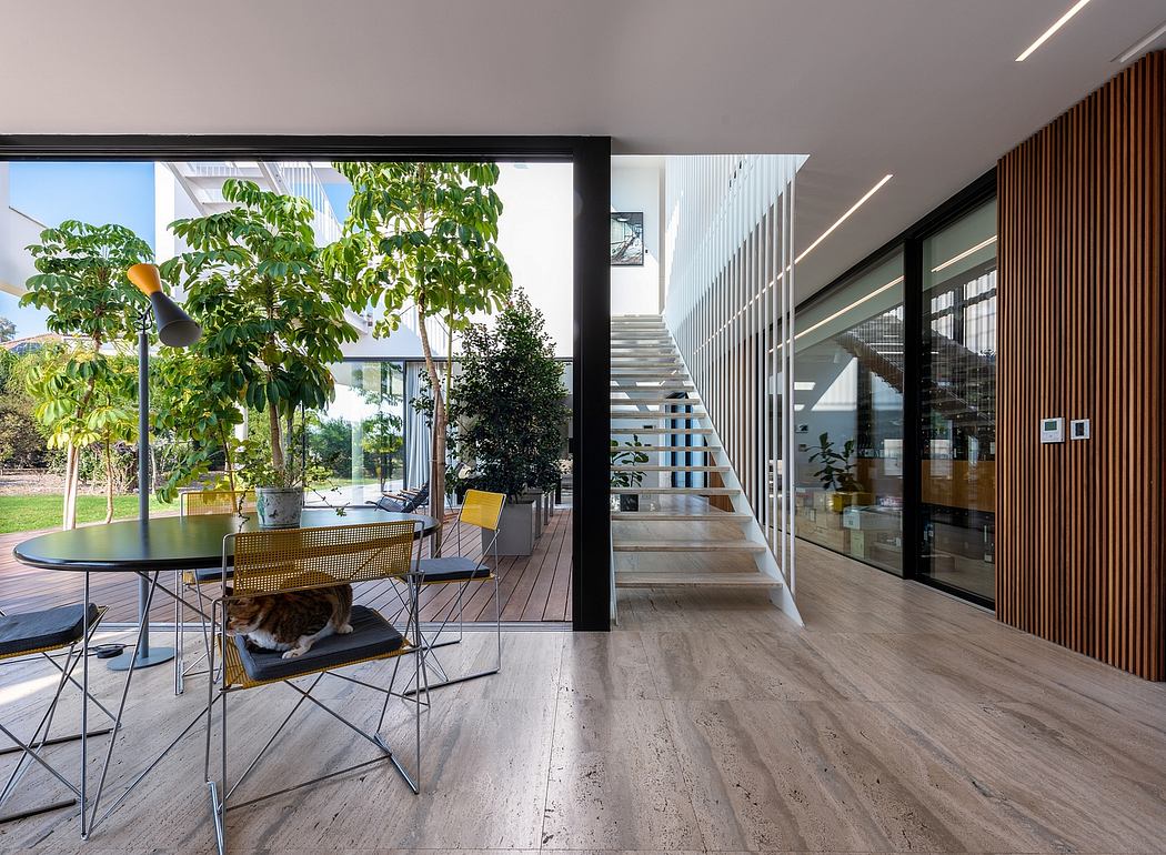 Modern open-plan interior with glass walls, wood flooring, and a cat relaxing on a deck.