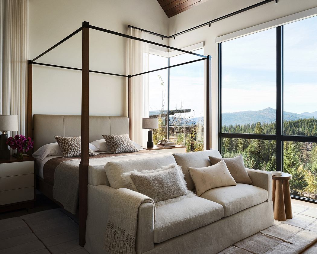 Cozy mountain retreat with wooden beams, plush furnishings, and expansive views.