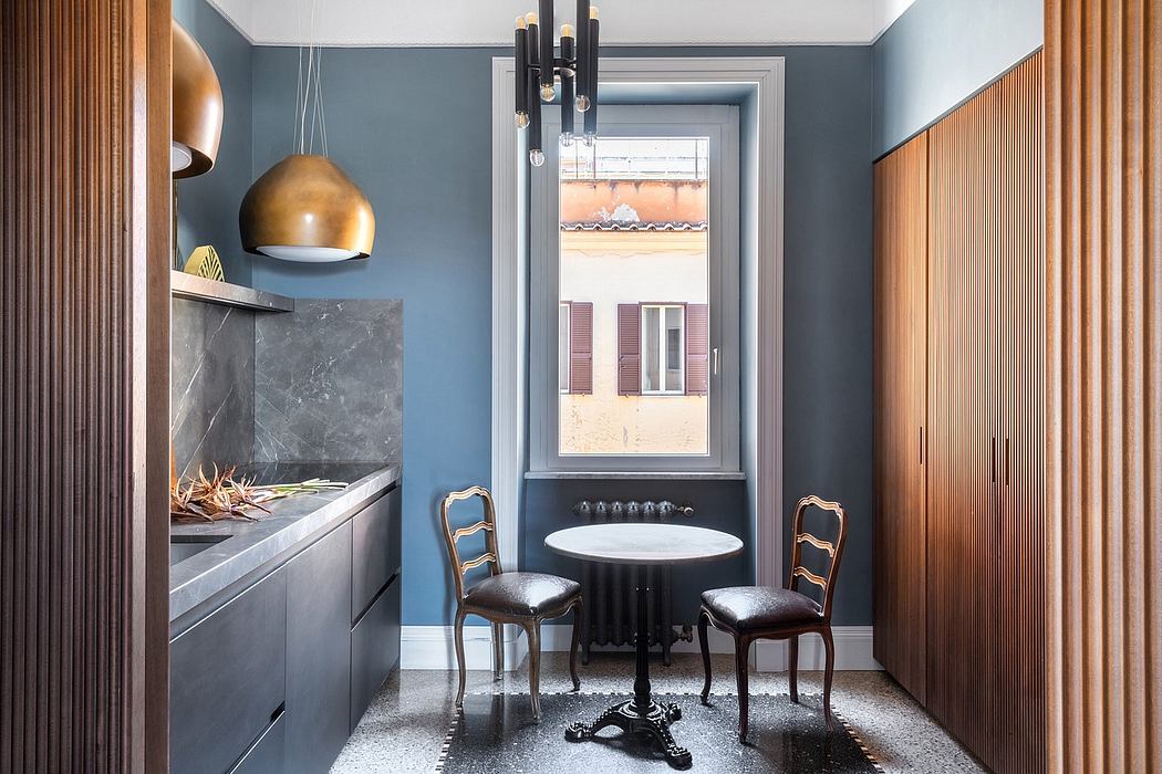 Elegant dining space with marble fireplace, wooden window frames, and vintage-style chairs.