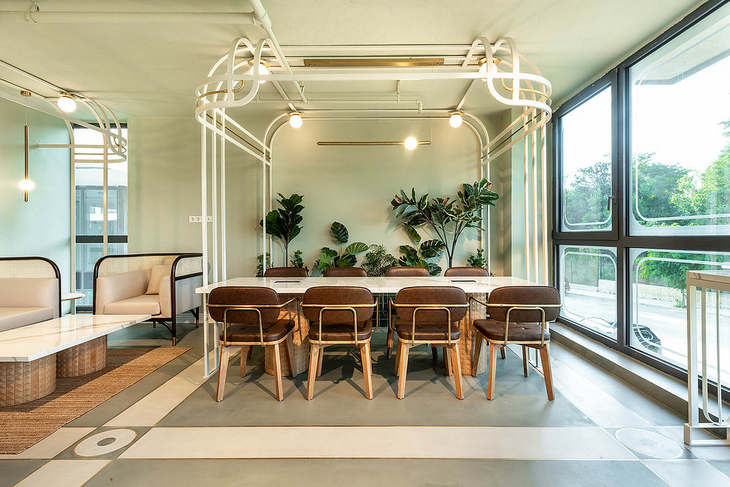 Vibrant, modern office space with sleek lighting fixtures, wooden furniture, and lush greenery.