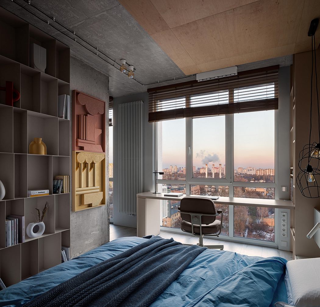 Minimalist bedroom with industrial-inspired decor, floor-to-ceiling windows overlooking city skyline.