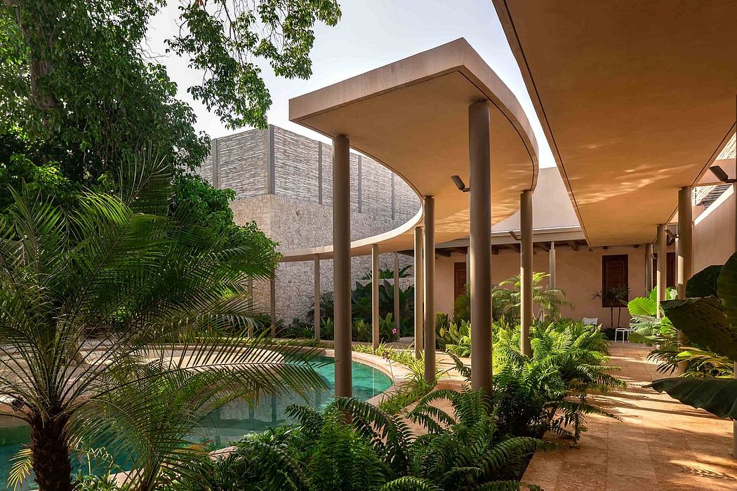 Striking modern architecture with curved concrete walls and tropical landscaping.
