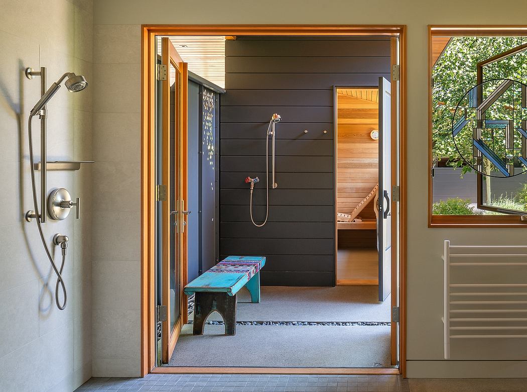 Striking contemporary bathroom design with black wooden paneling, sauna, and natural elements.