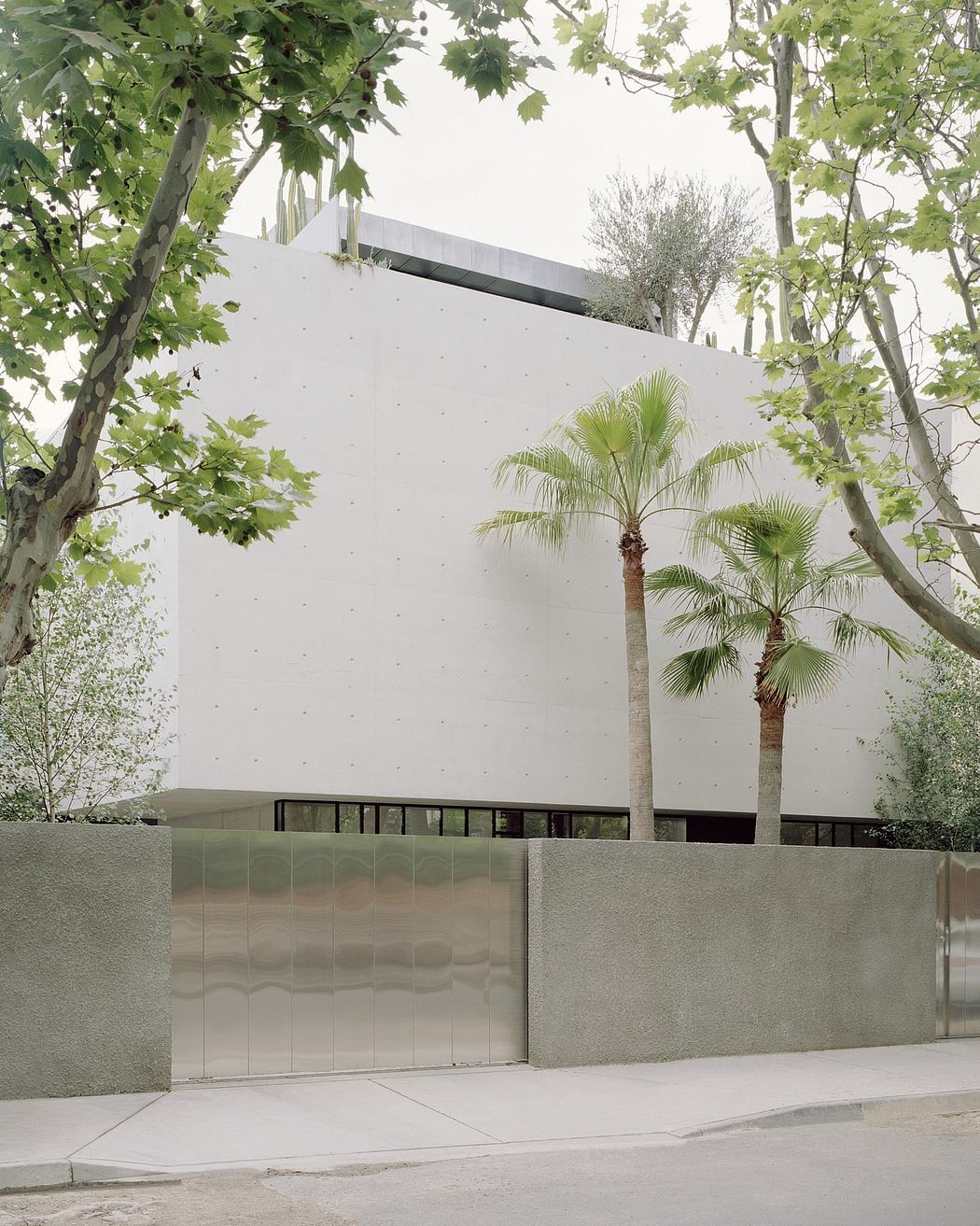 A modern, minimalist building with glass walls surrounded by lush greenery and palm trees.
