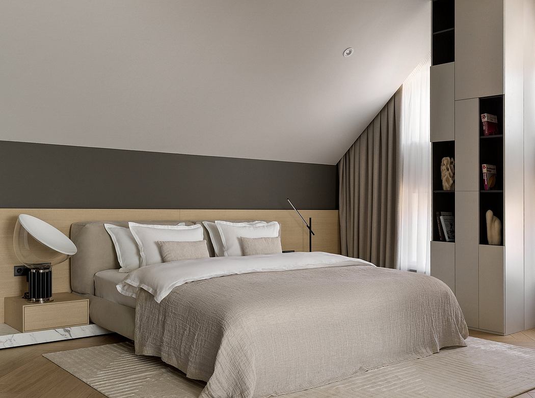 Minimalist bedroom design with neutral tones, sleek built-in shelving, and a lush bedding set.