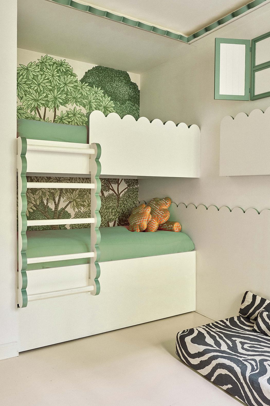 A children's bedroom with bunk beds, colorful wall mural, and patterned floor cushion.