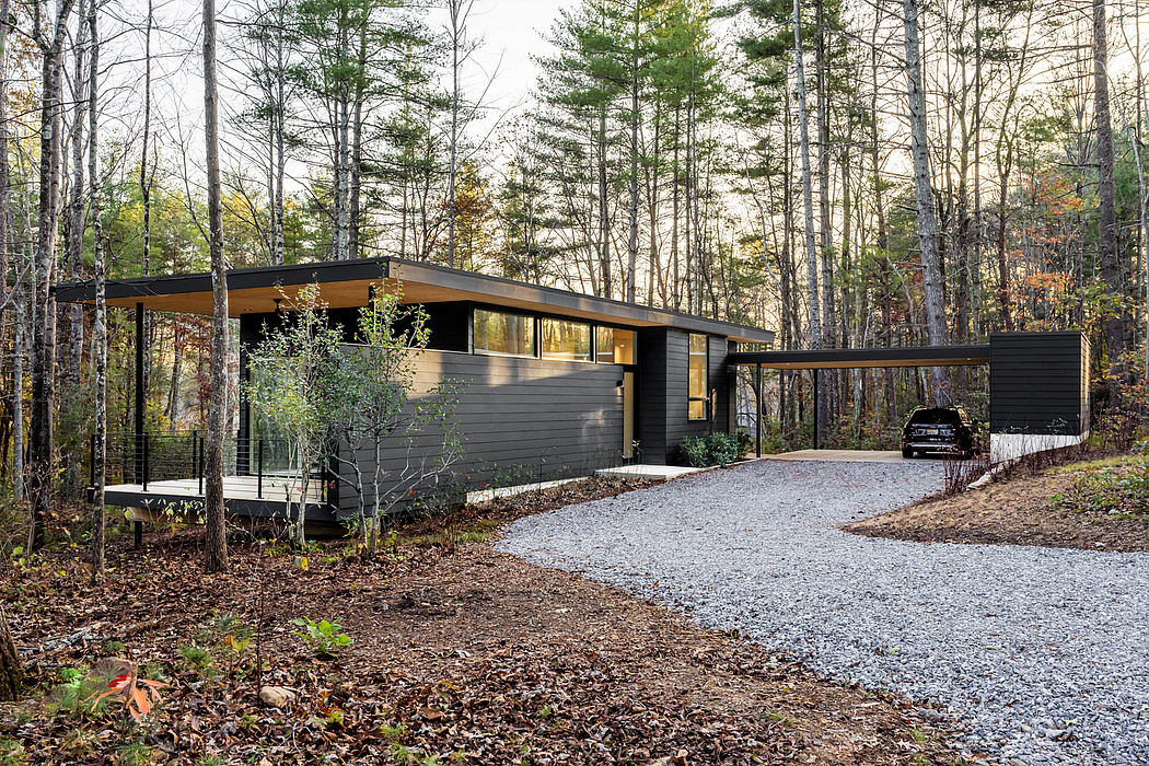 A modern, single-story home with a simple, clean design nestled in a wooded landscape.