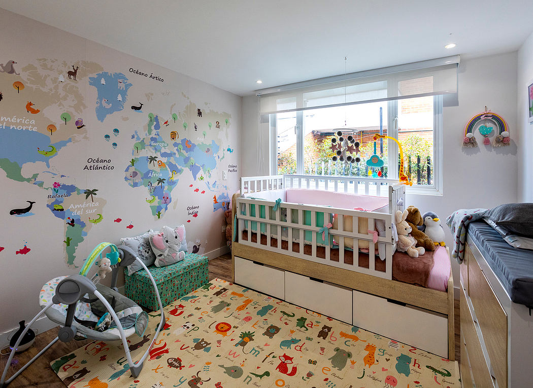 A vibrant and colorful children's room with a world map mural, wooden crib, and patterned rug.